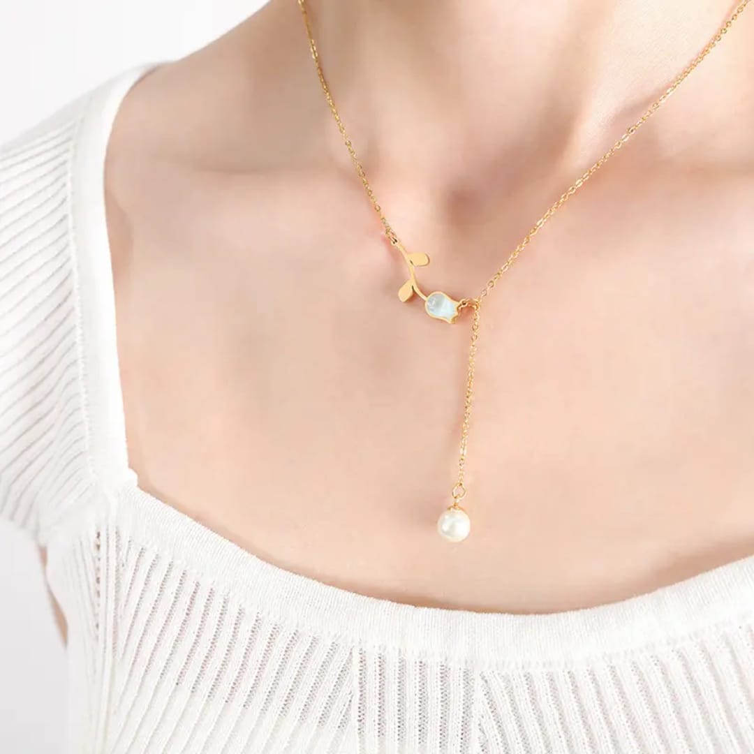 Golden Leaf Pearl Drop Necklace