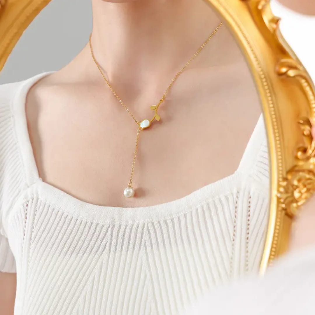 Golden Leaf Pearl Drop Necklace