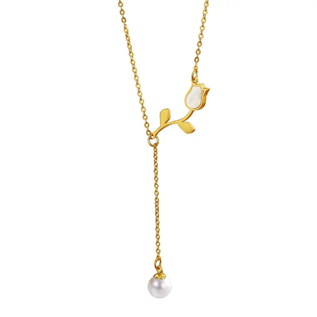 Golden Leaf Pearl Drop Necklace