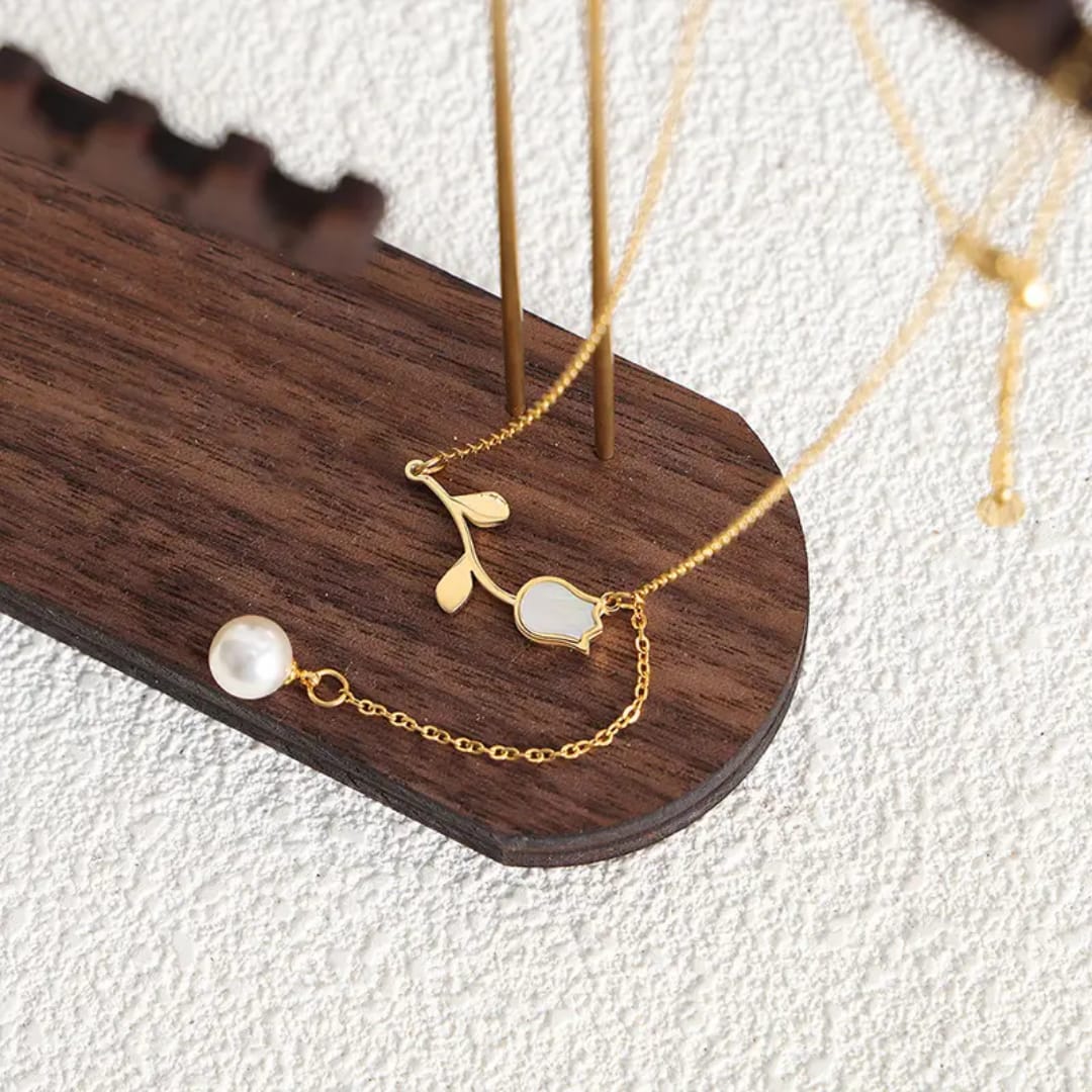 Golden Leaf Pearl Drop Necklace