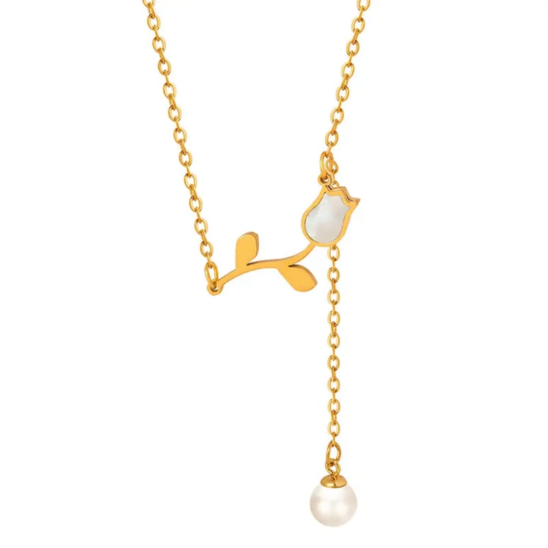 Golden Leaf Pearl Drop Necklace