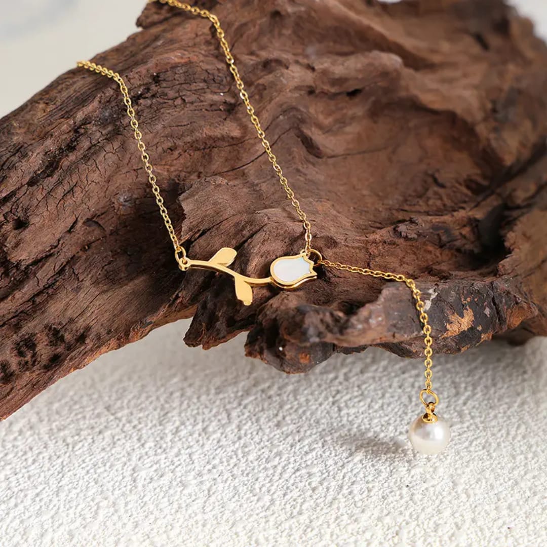 Golden Leaf Pearl Drop Necklace