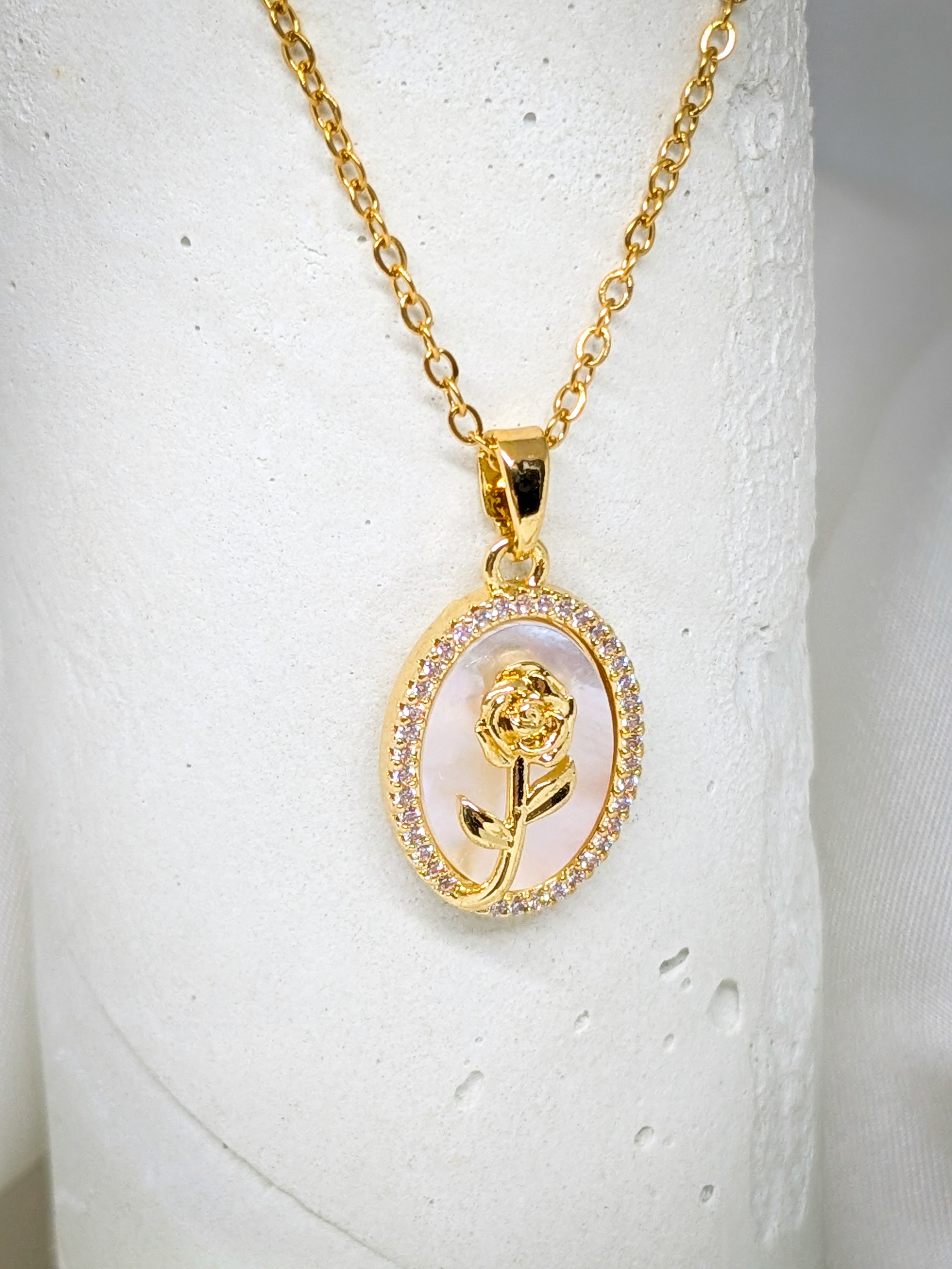 Golden Rose Oval Pendant Necklace