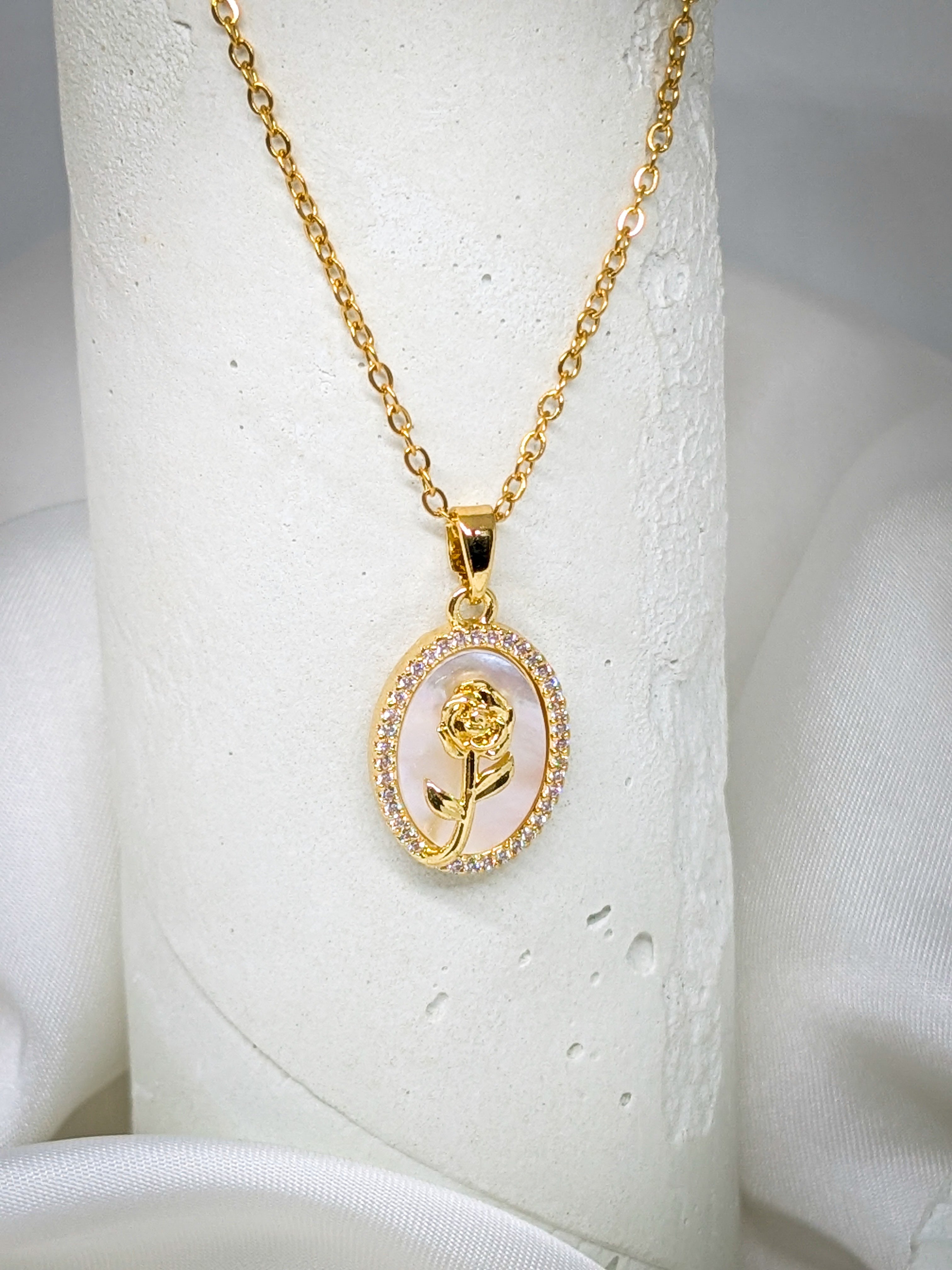 Golden Rose Oval Pendant Necklace