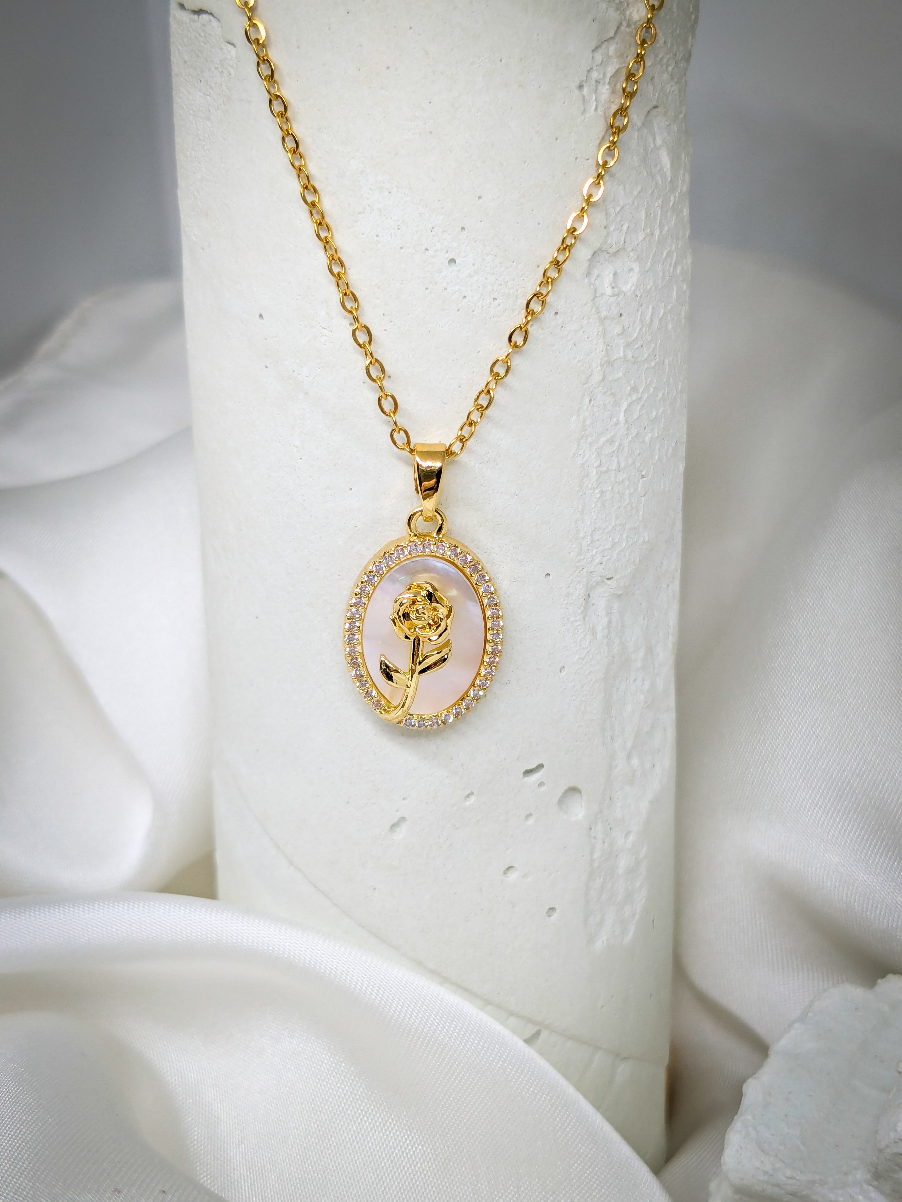 Golden Rose Oval Pendant Necklace