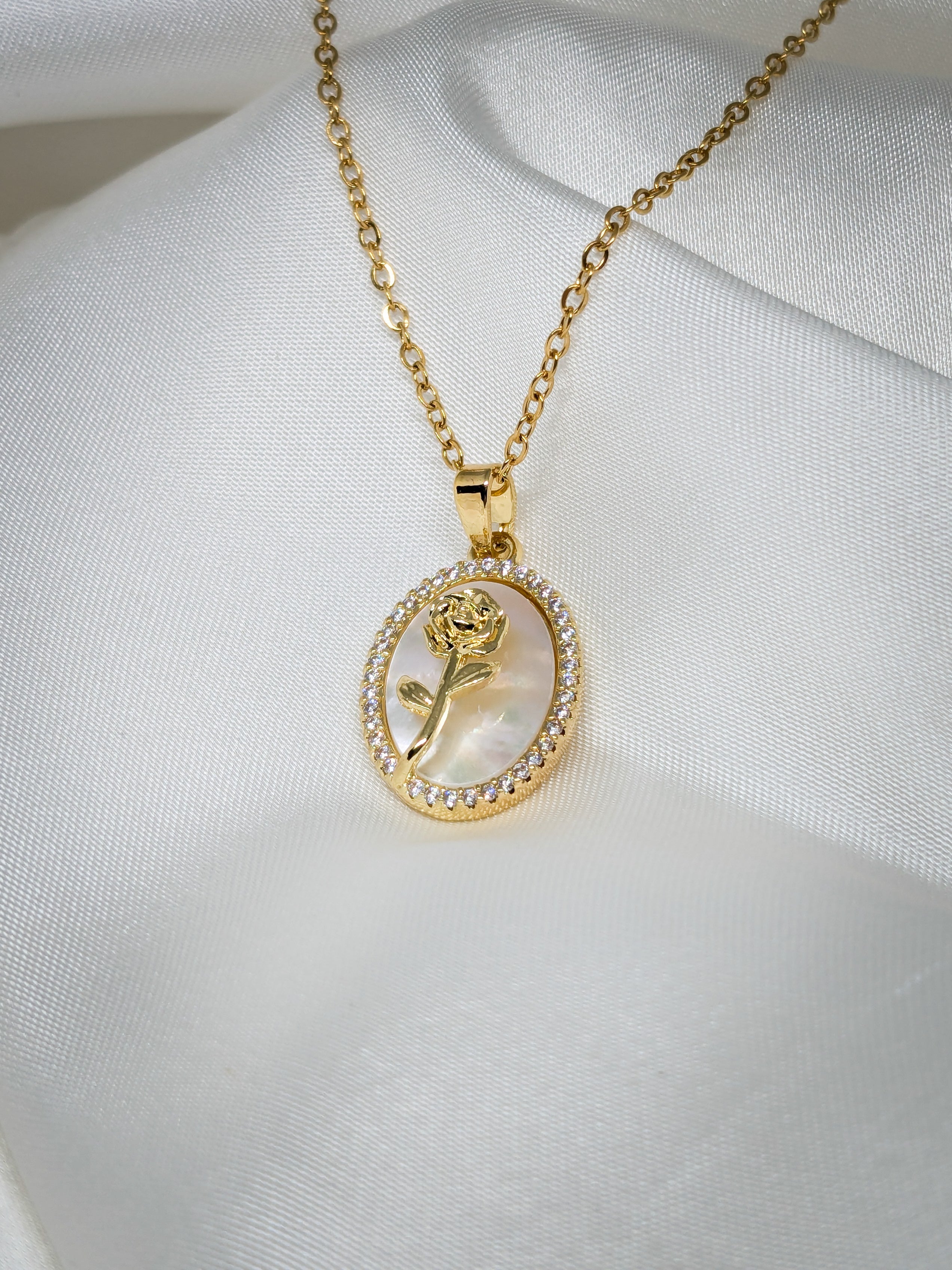 Golden Rose Oval Pendant Necklace