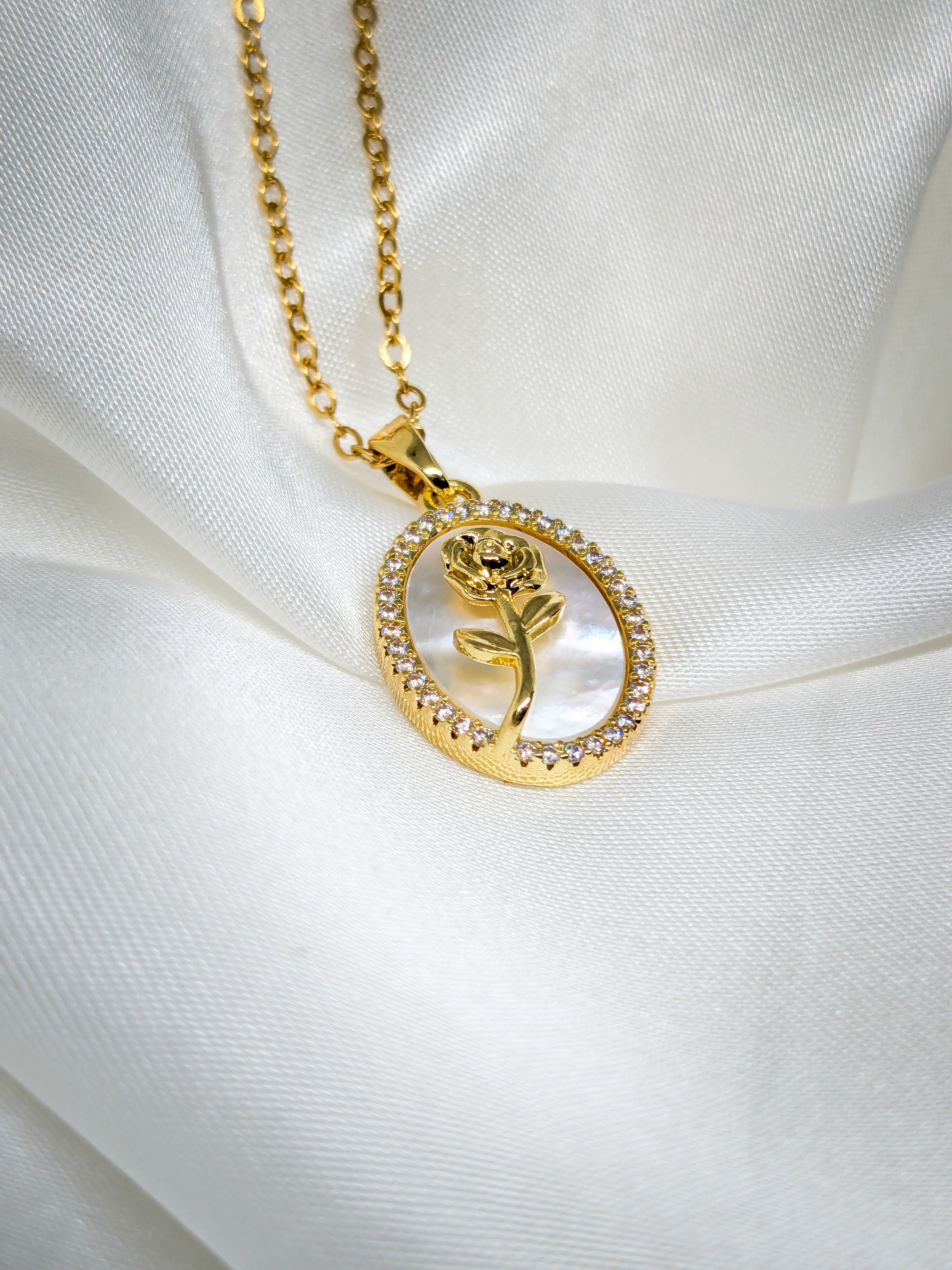Golden Rose Oval Pendant Necklace