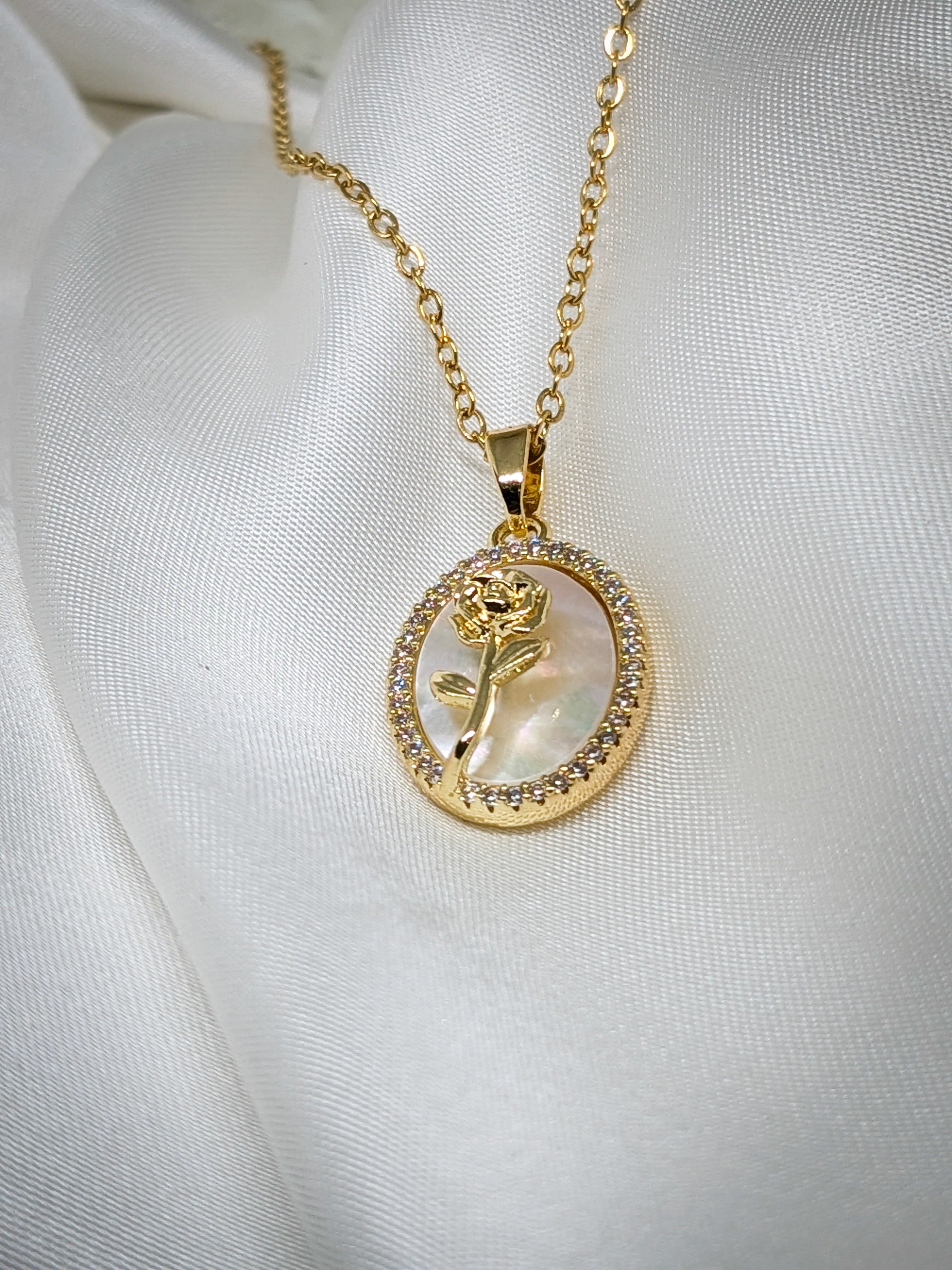 Golden Rose Oval Pendant Necklace