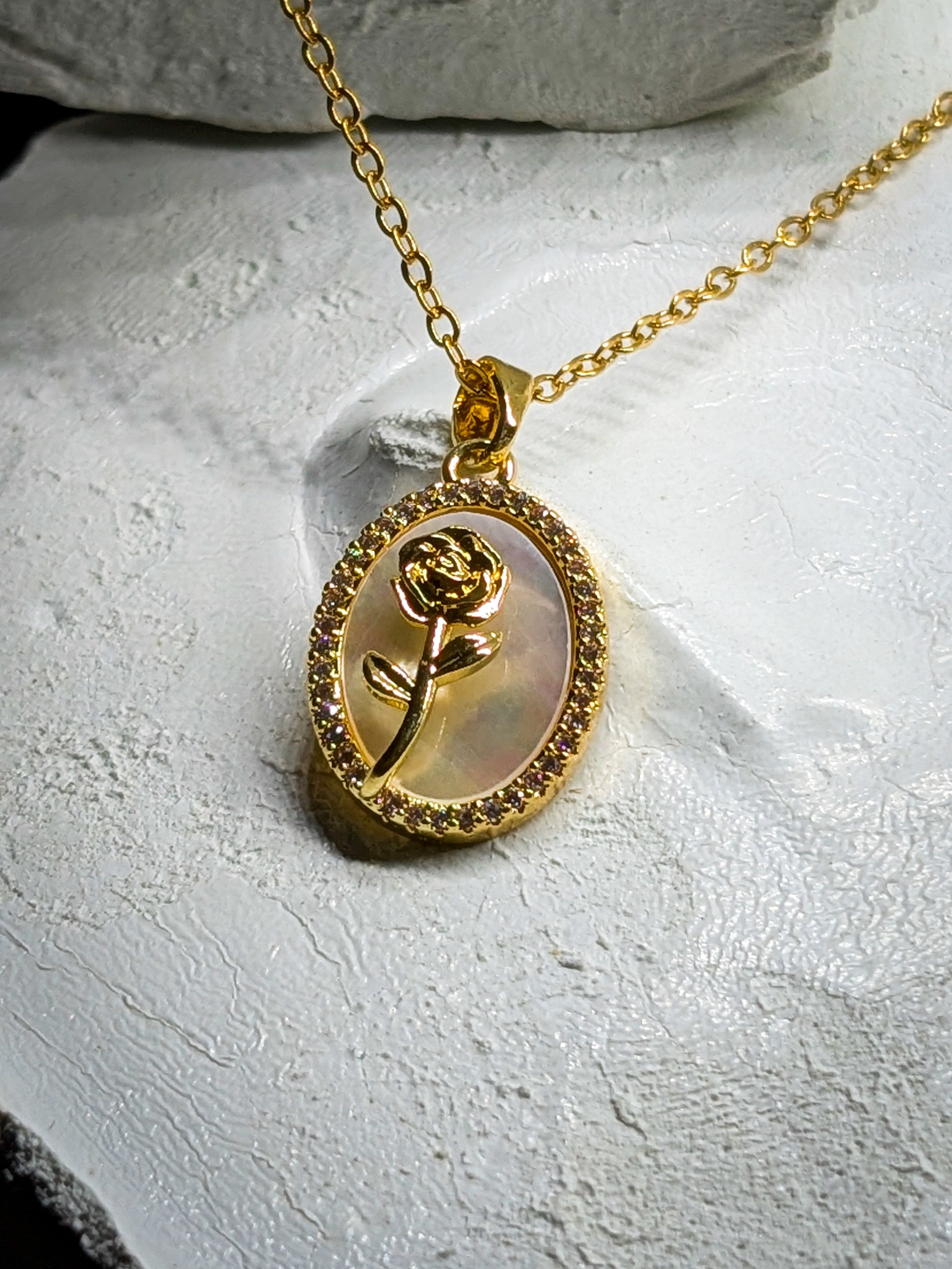 Golden Rose Oval Pendant Necklace