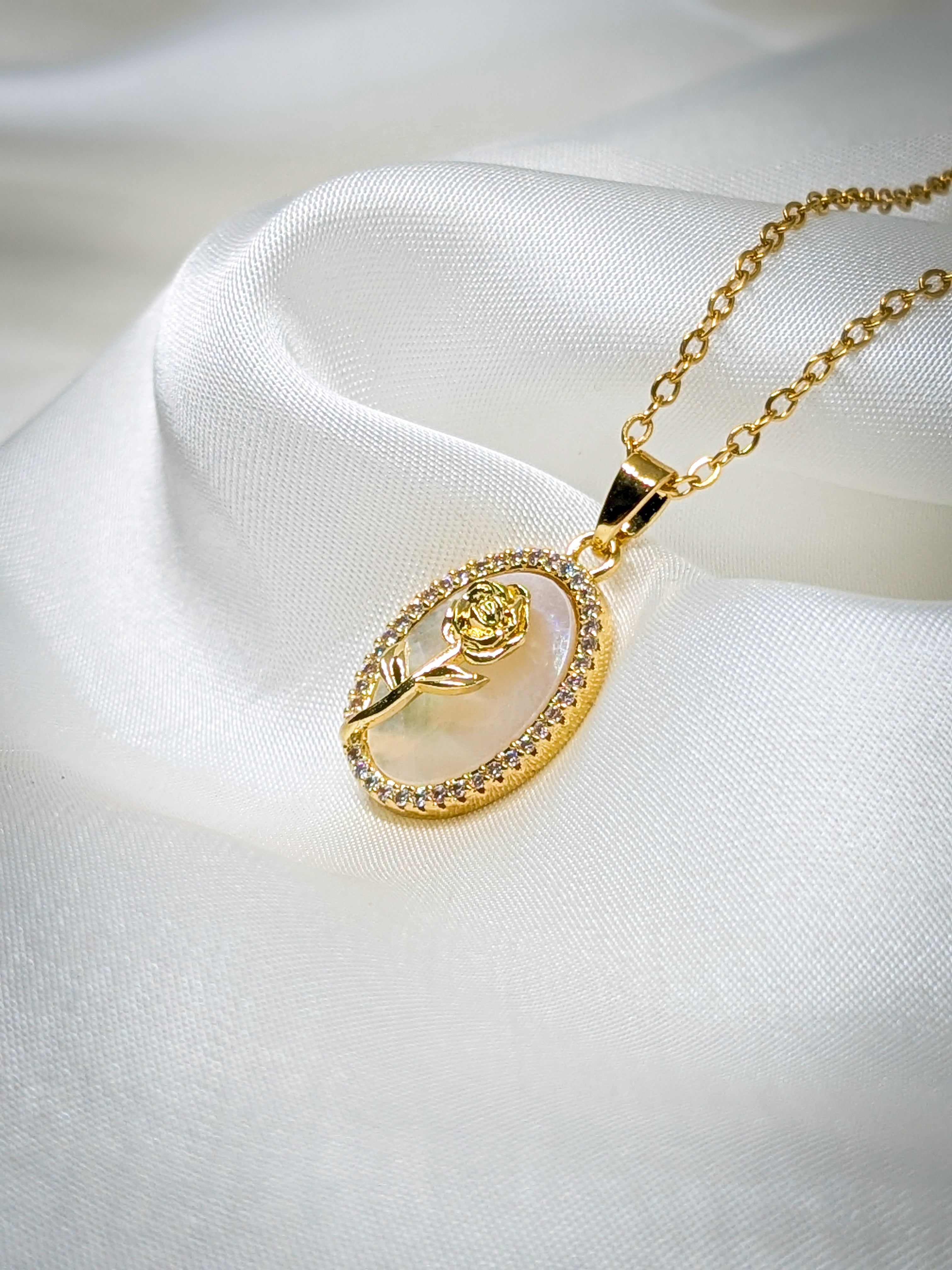 Golden Rose Oval Pendant Necklace
